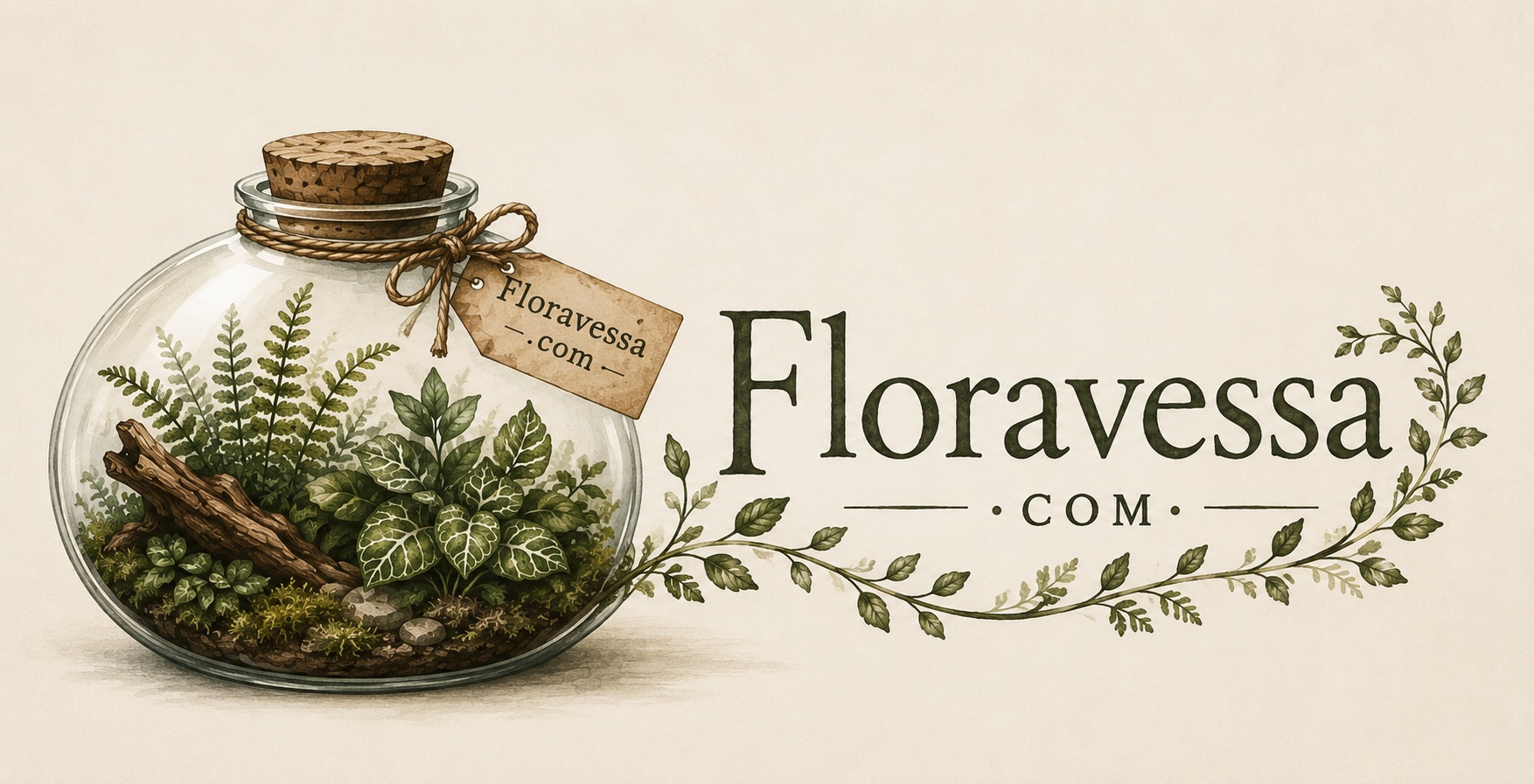 FloraVessa — a planted terrarium jar beside the FloraVessa wordmark